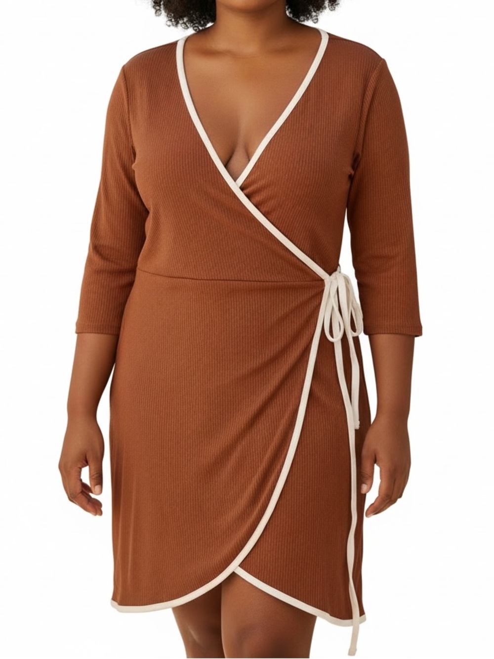 SONCY WRAP DRESS 3/4 Sleeve Stretch Rust White Plus Size 14 16